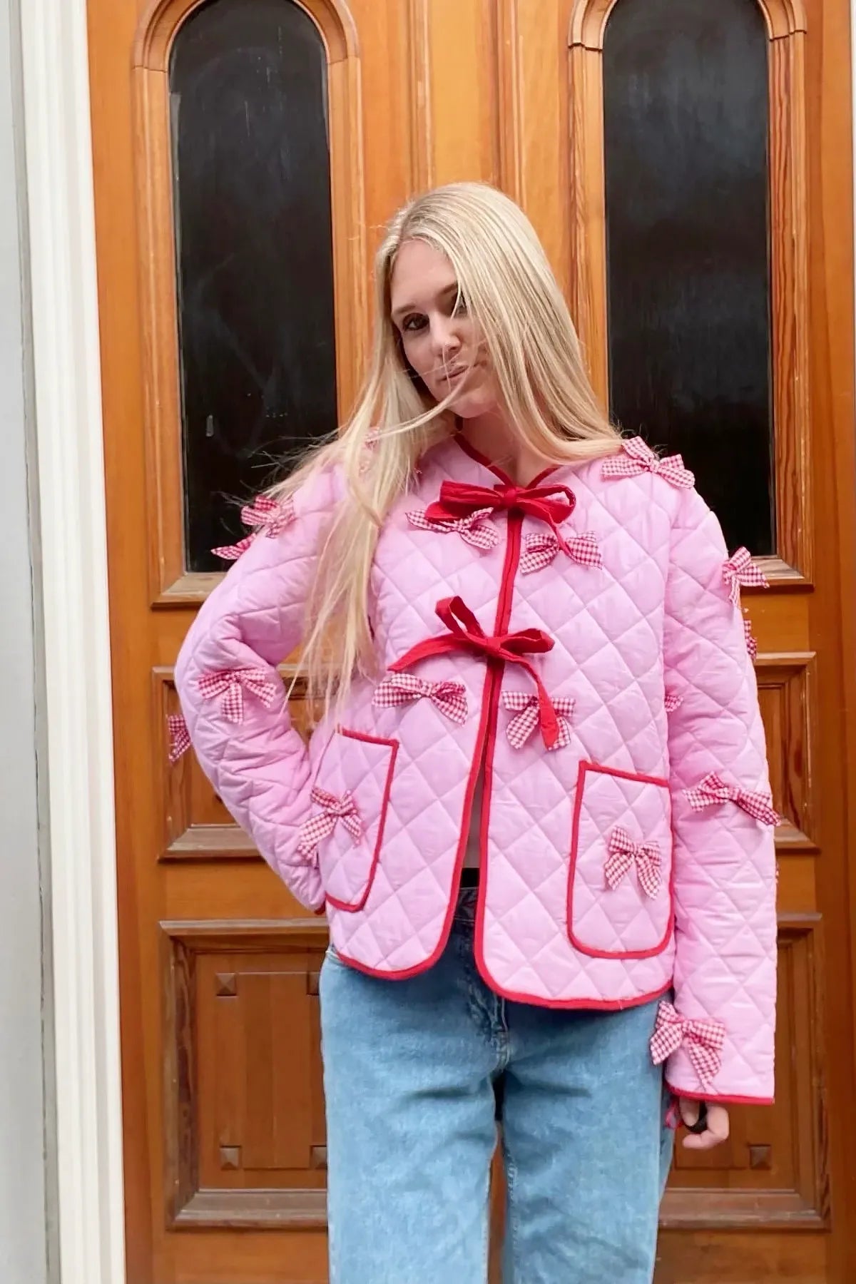 Daily Solid Color Pocket Bow Decor O Outerwear