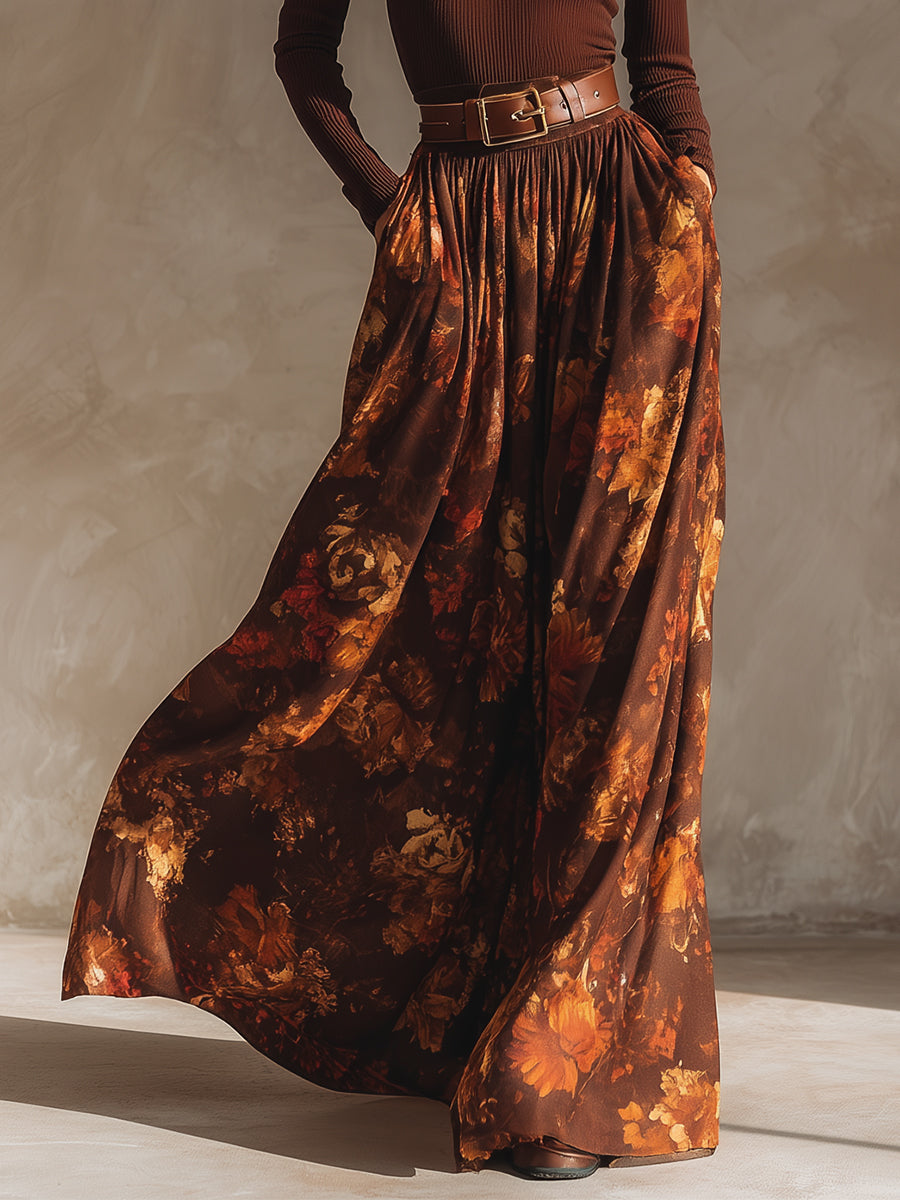 Retro Turtleneck Knitted Top & Printed Skirt Set