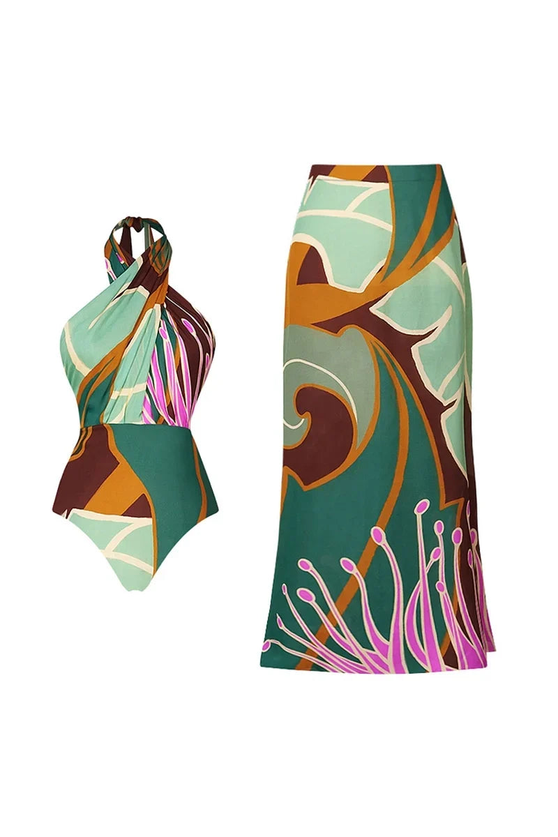 Halter Cross Backless Floral Swimsuit Set