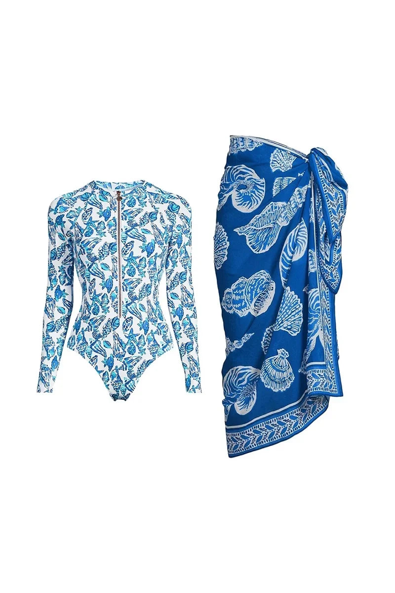 Green Zip-Up Floral Surf Swimsuit Set