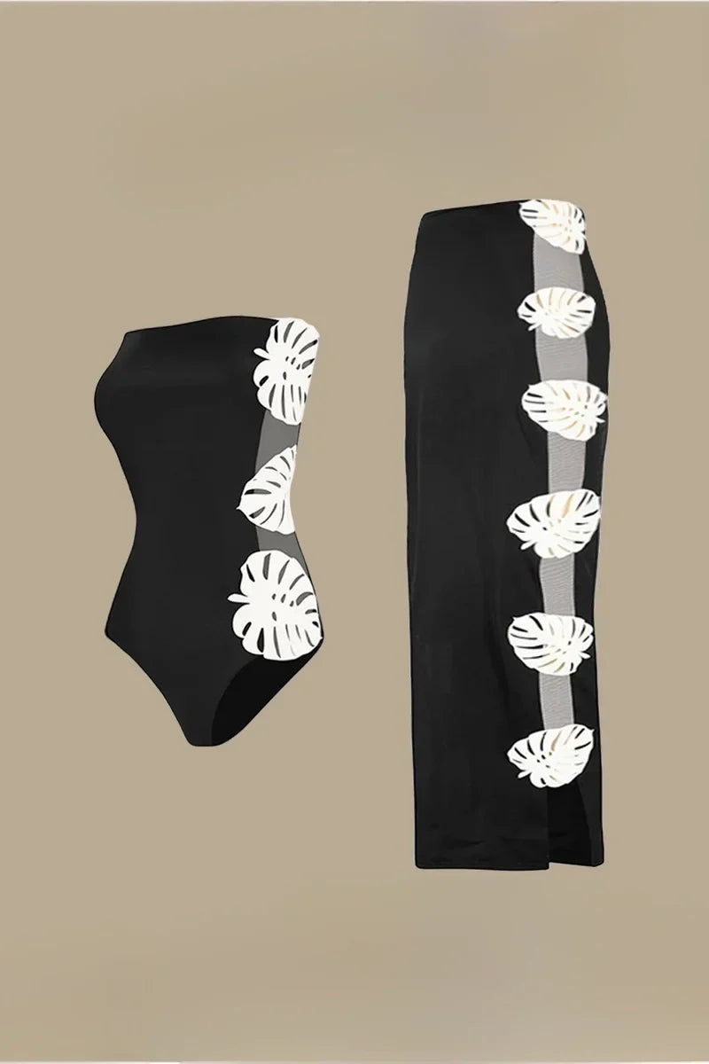 Leaf Patchwork Cutout Strapless Swimsuit