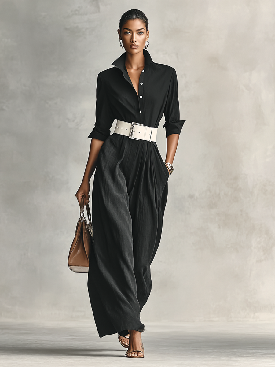 Lapel Single Breasted Long Sleeve Belted Jumpsuit