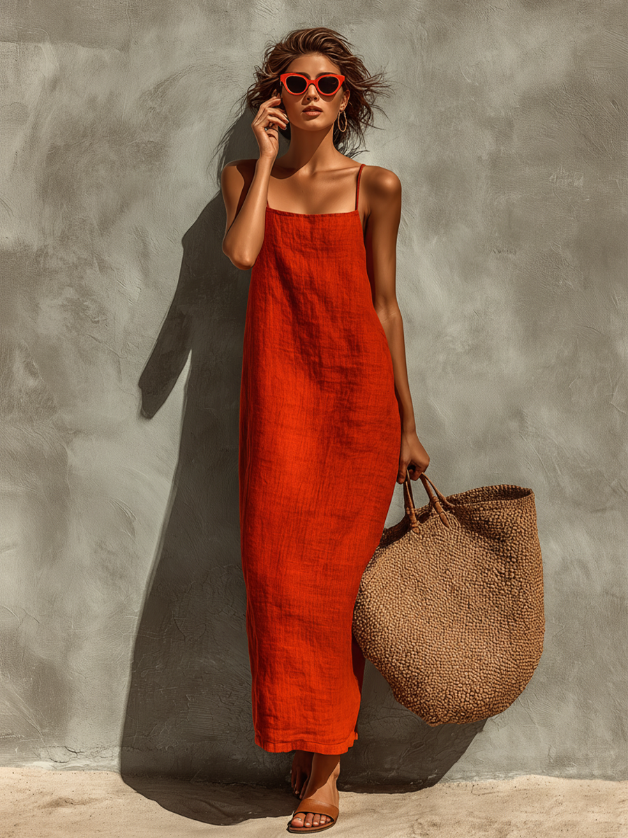 Red Cotton Square Neck Spaghetti Strap Dress
