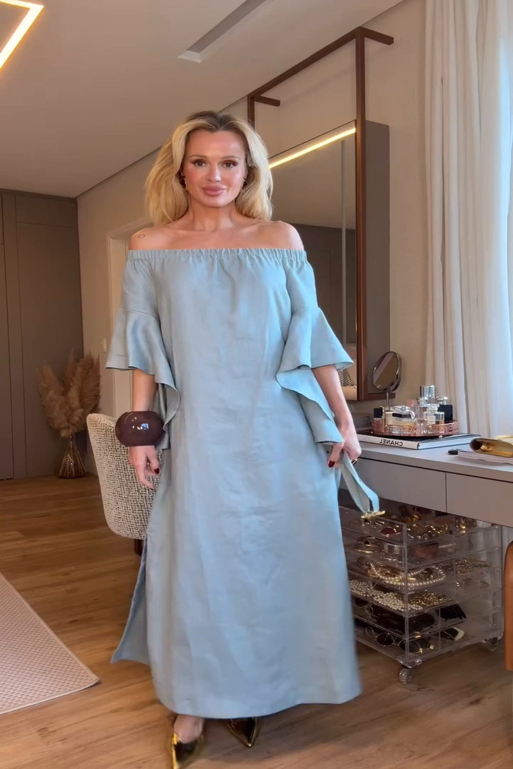 Soft Blue Off-Shoulder Maxi Dress