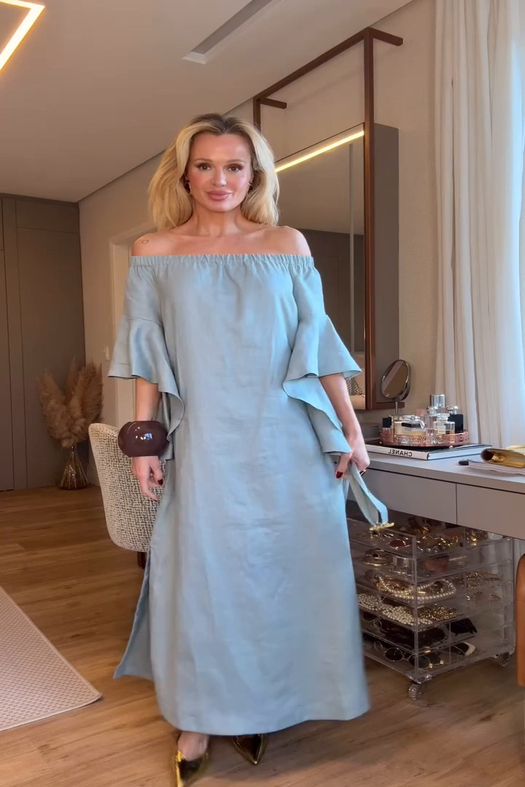 Soft Blue Off-Shoulder Maxi Dress