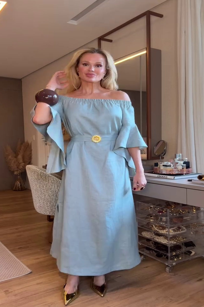 Soft Blue Off-Shoulder Maxi Dress