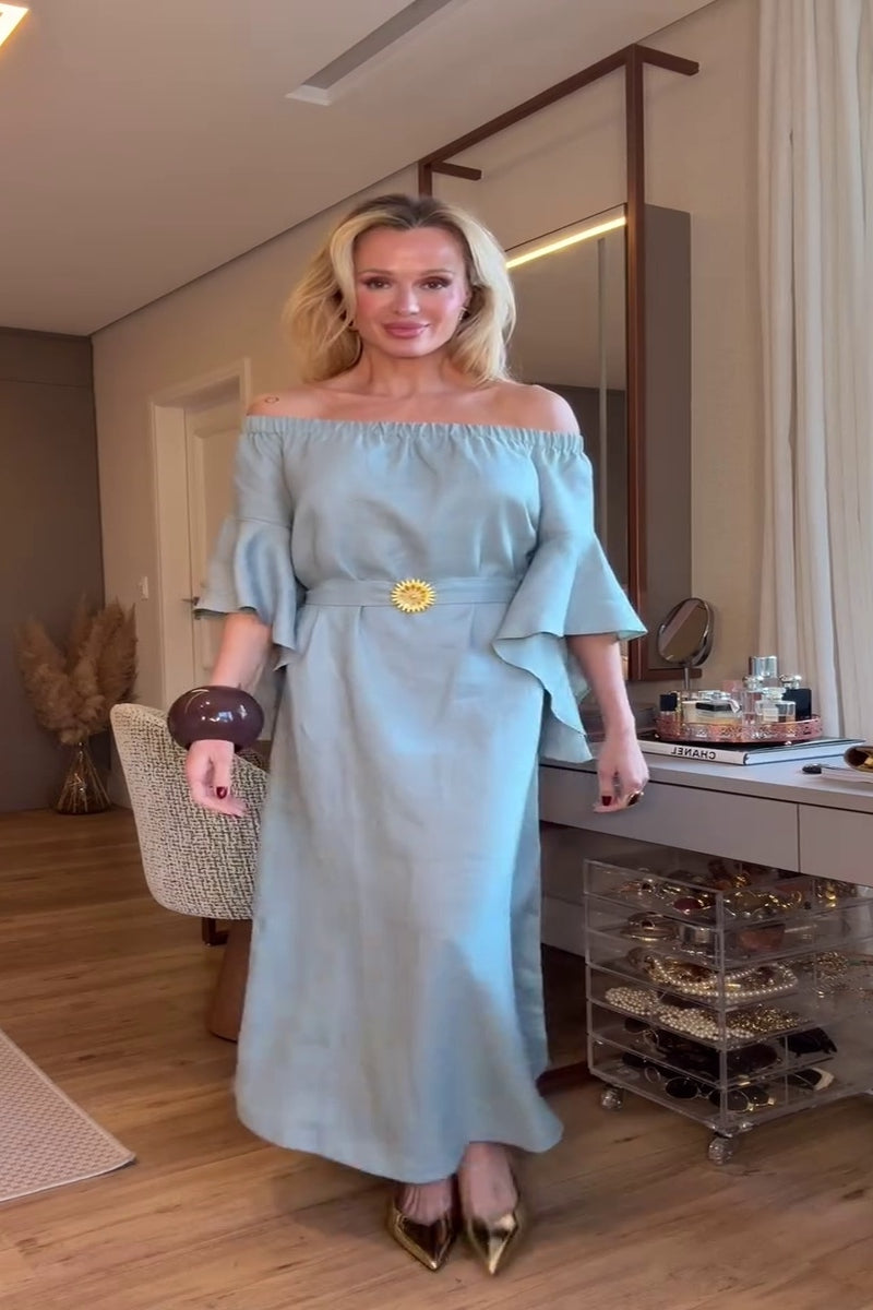 Soft Blue Off-Shoulder Maxi Dress