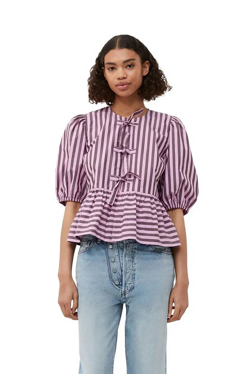 Stripes Puff Sleeve Peplum Bow Blouse Short Top