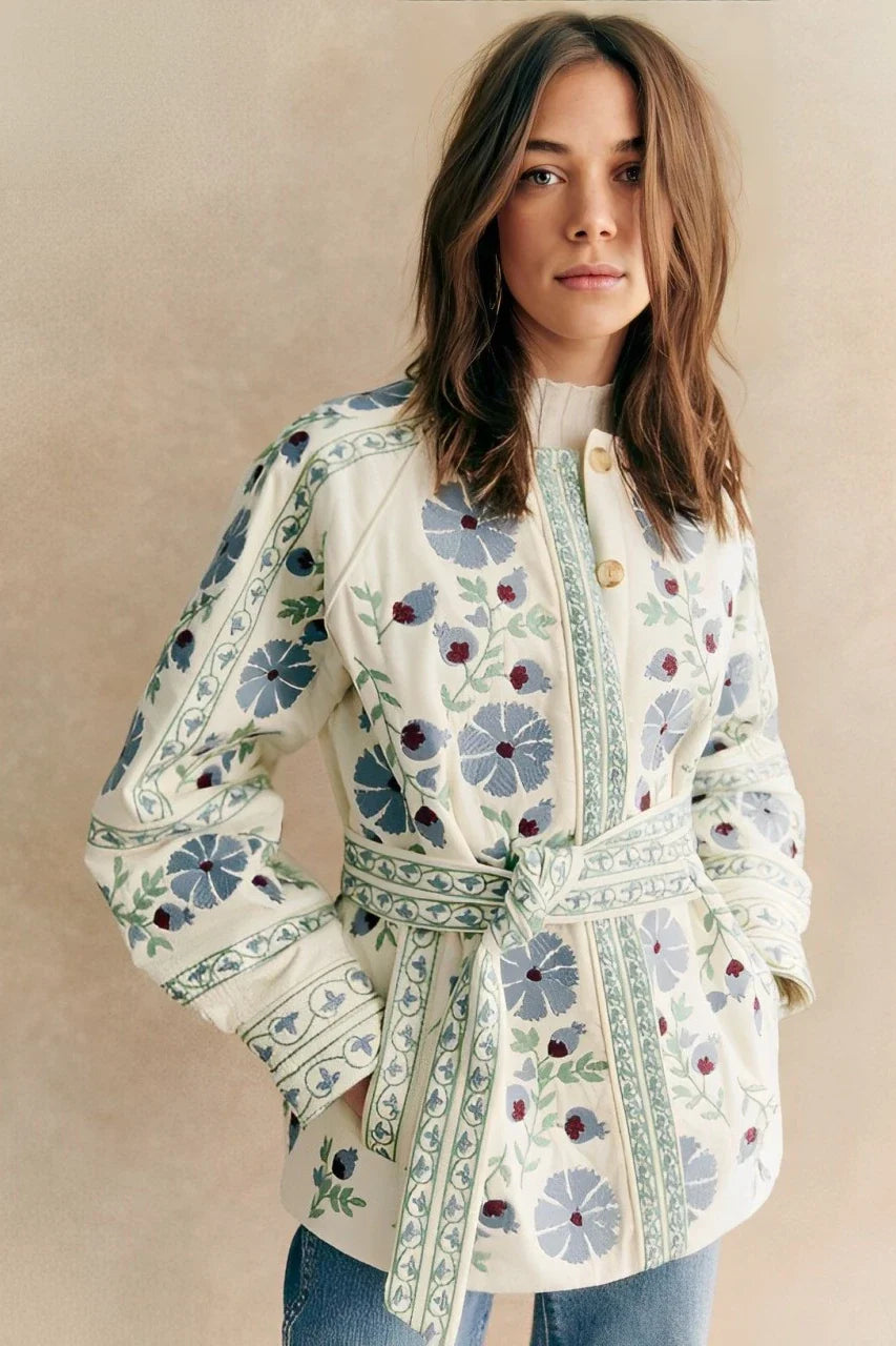 Street Flowers Lace Up Patchwork O Neck Outerwear