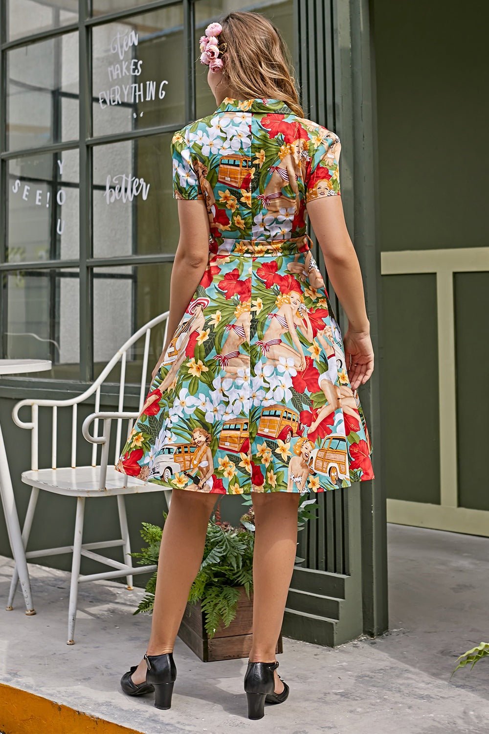 Helma Retro Printed Cotton Shirt Midi Dress