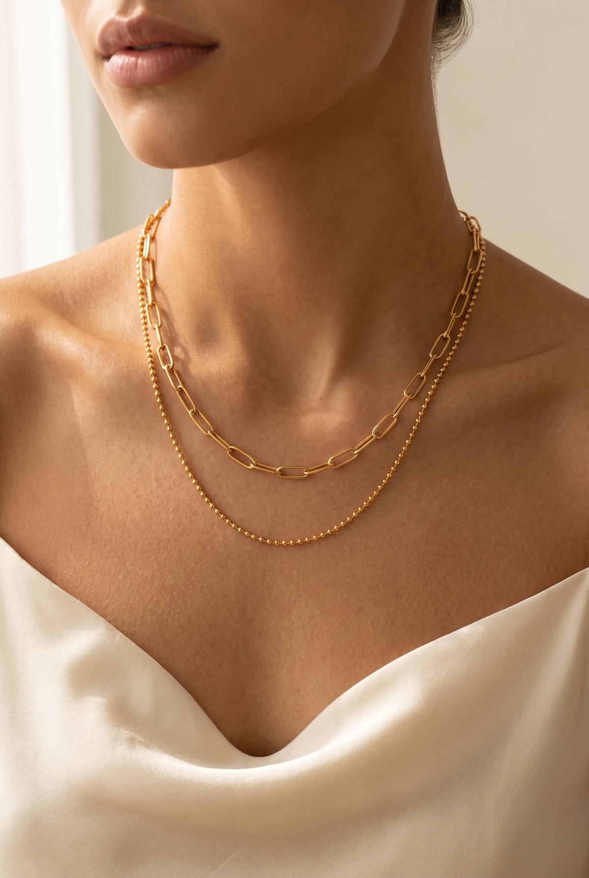 Model wearing the Dani gold layered chain necklace set
