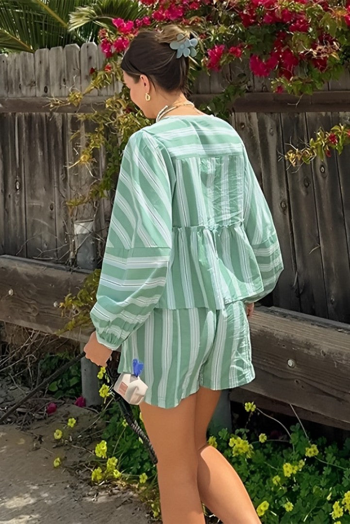Lantern Sleeve Stripe Shirt Shorts Set