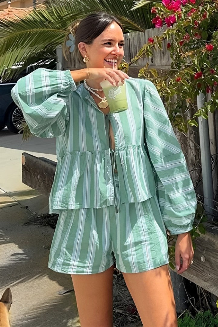 Lantern Sleeve Stripe Shirt Shorts Set
