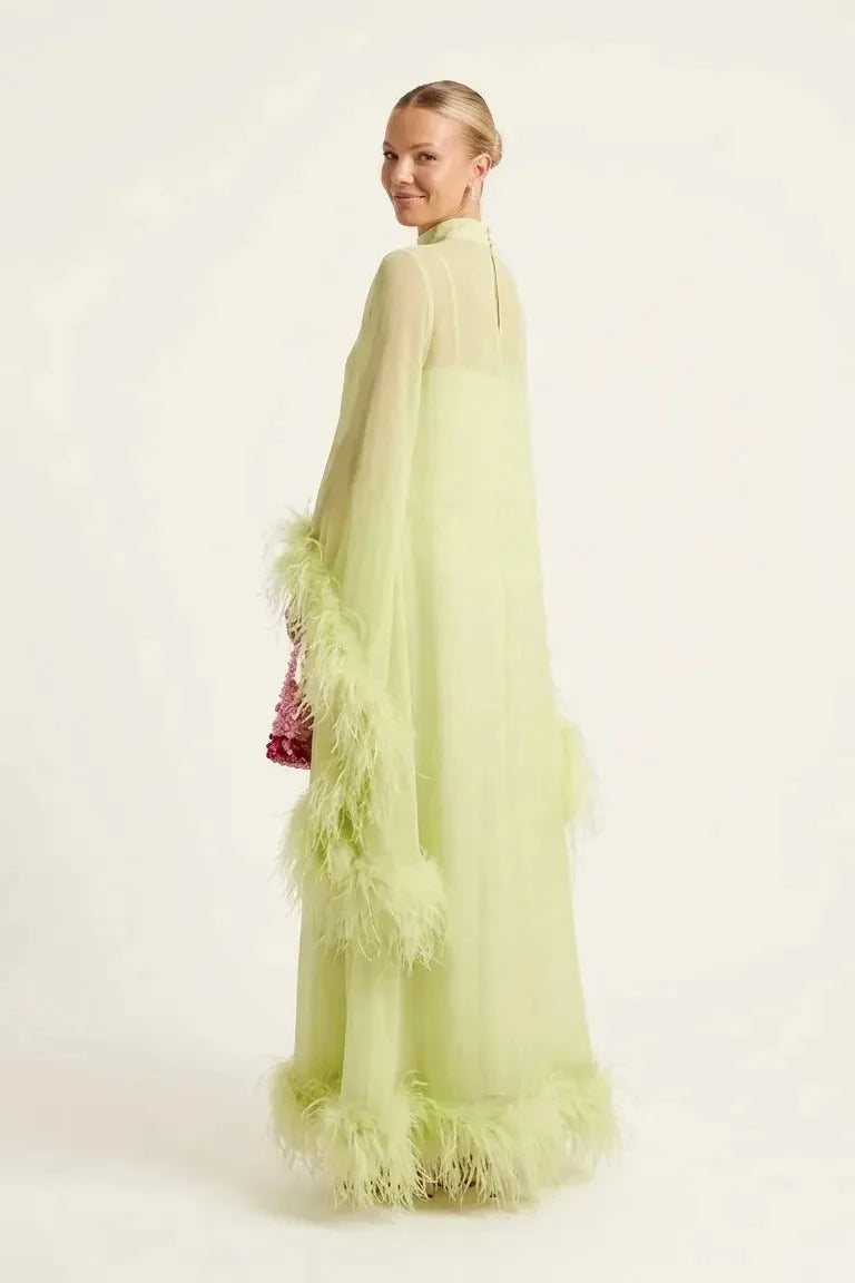 Lime Green Sheer Feather Cape Maxi Dress