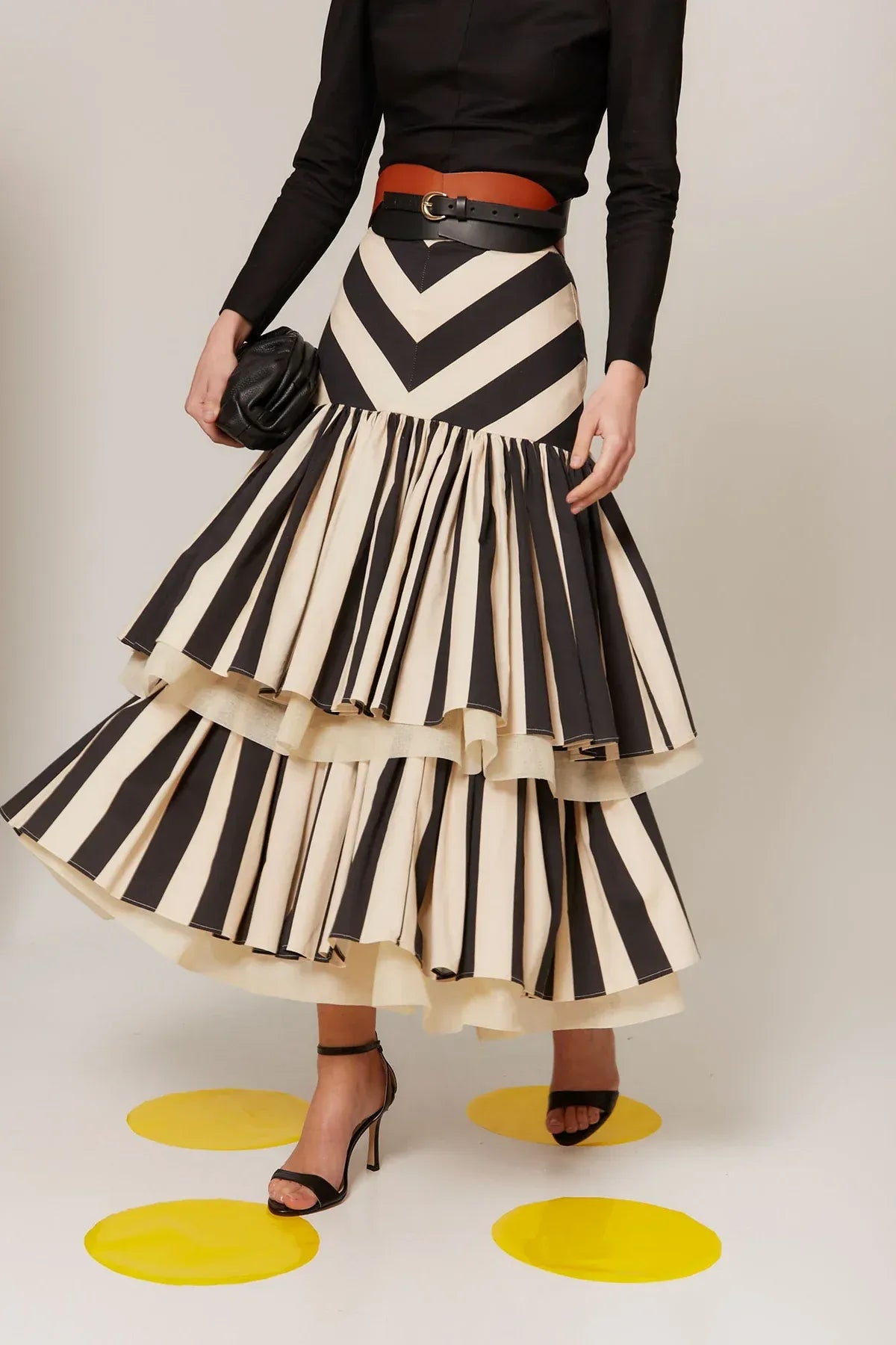 Black Cream Striped Tiered Ruffle Midi Skirt