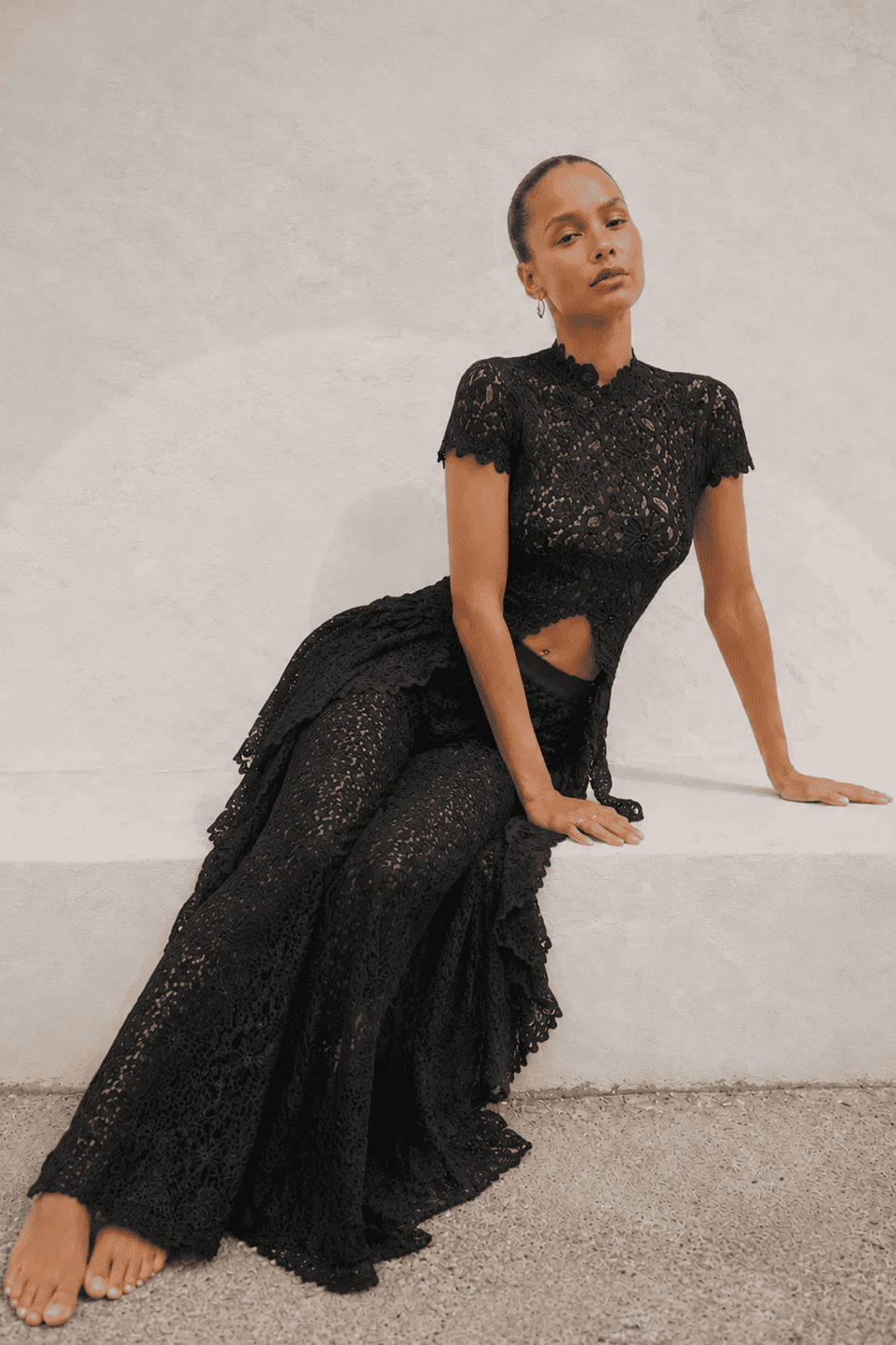 Black Waist Lace Wide-Leg Pants