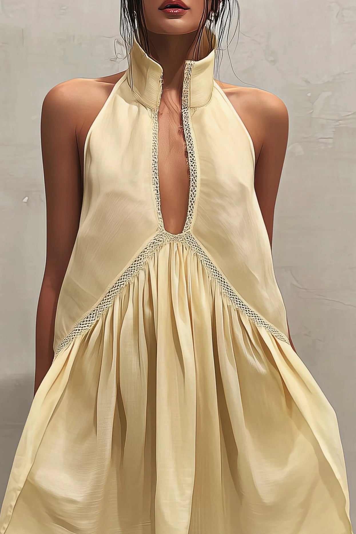 Lace Trim Stand Collar Mini Dress