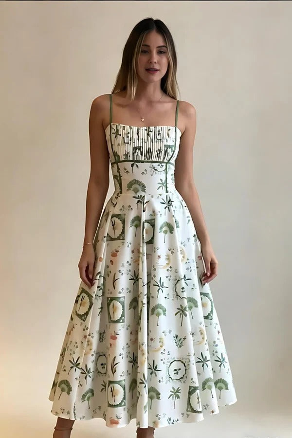 Green Botanical Print Smocked Midi Dress