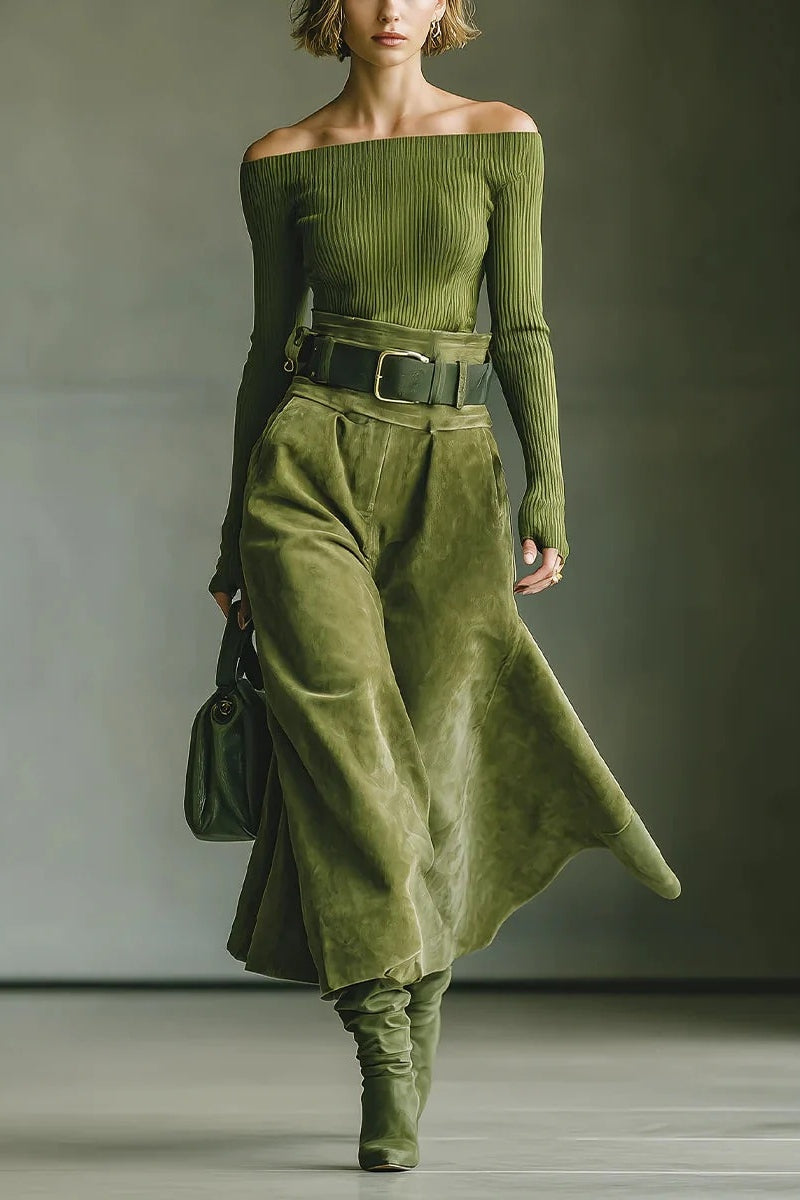 Olive green top skirt set （Includes belt）