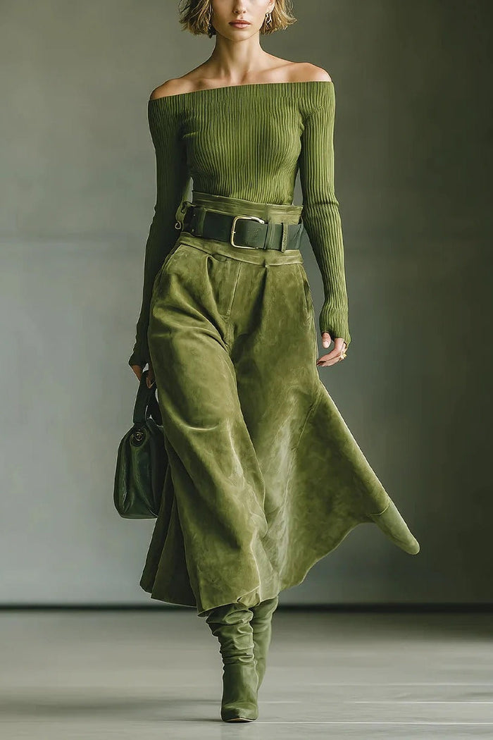Olive green top skirt set （Includes belt）