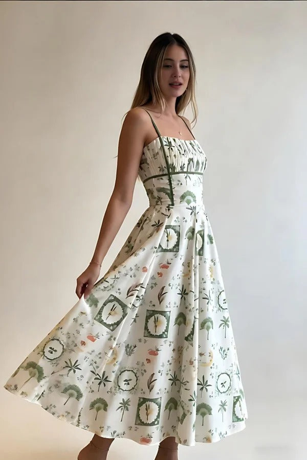 Green Botanical Print Smocked Midi Dress