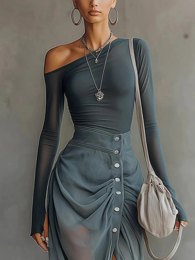 Asymmetrical Sheer Gray Cutout Set