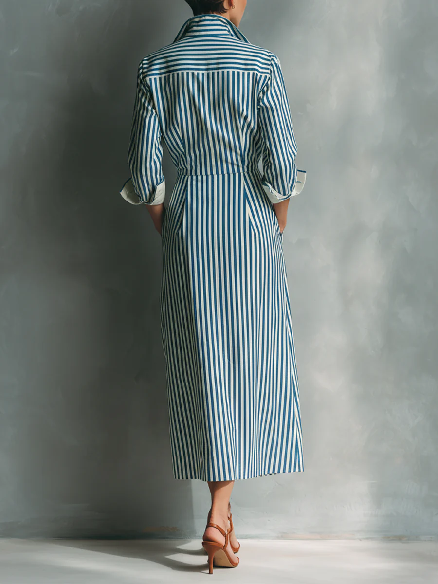 Blue And White Cotton Striped Shirt Dress