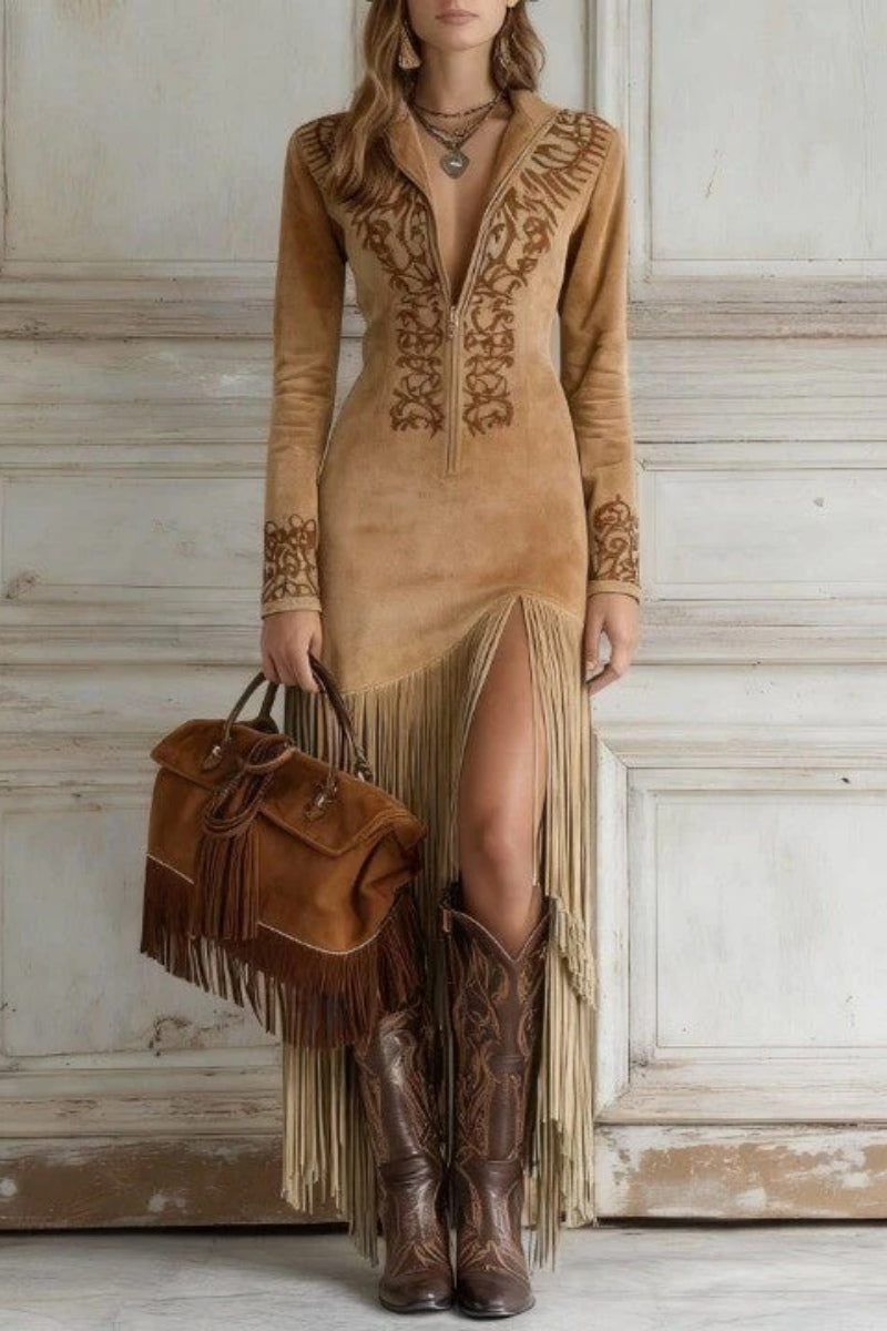 Western Embroidered Faux Suede Fringe Maxi Dress