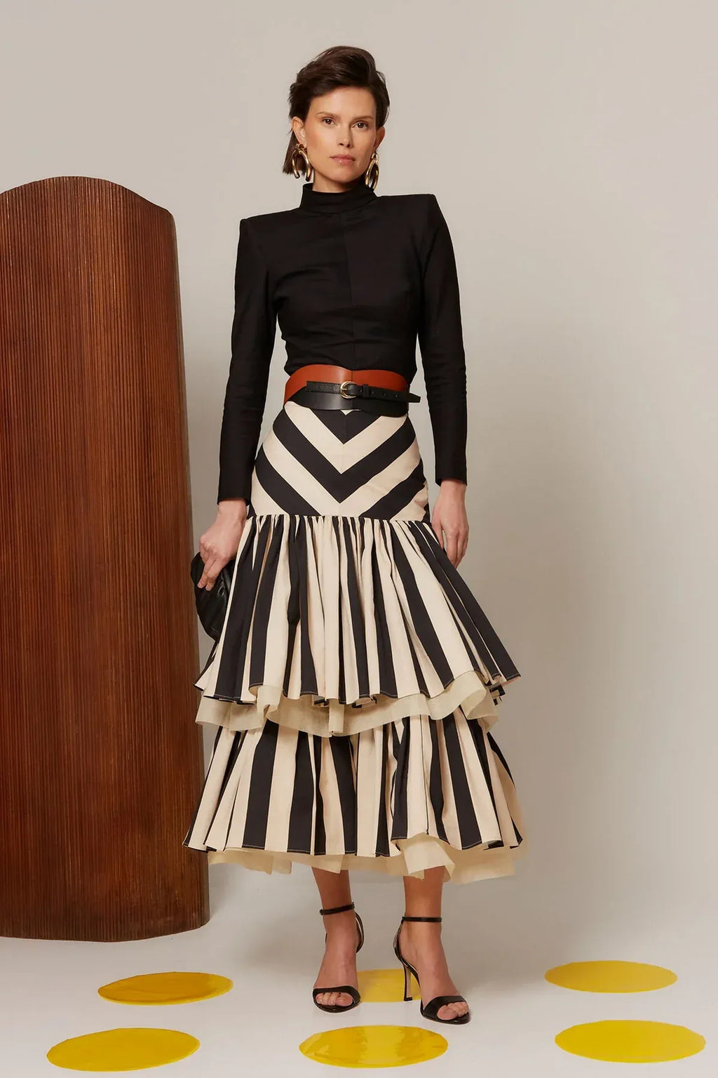 Black Cream Striped Tiered Ruffle Midi Skirt