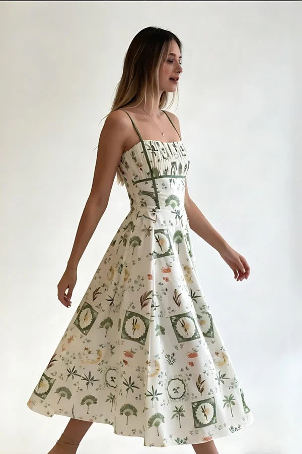 Green Botanical Print Smocked Midi Dress