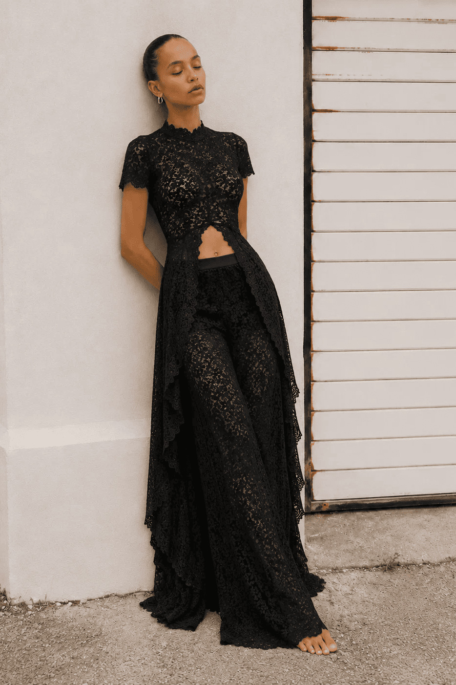 Black Waist Lace Wide-Leg Pants