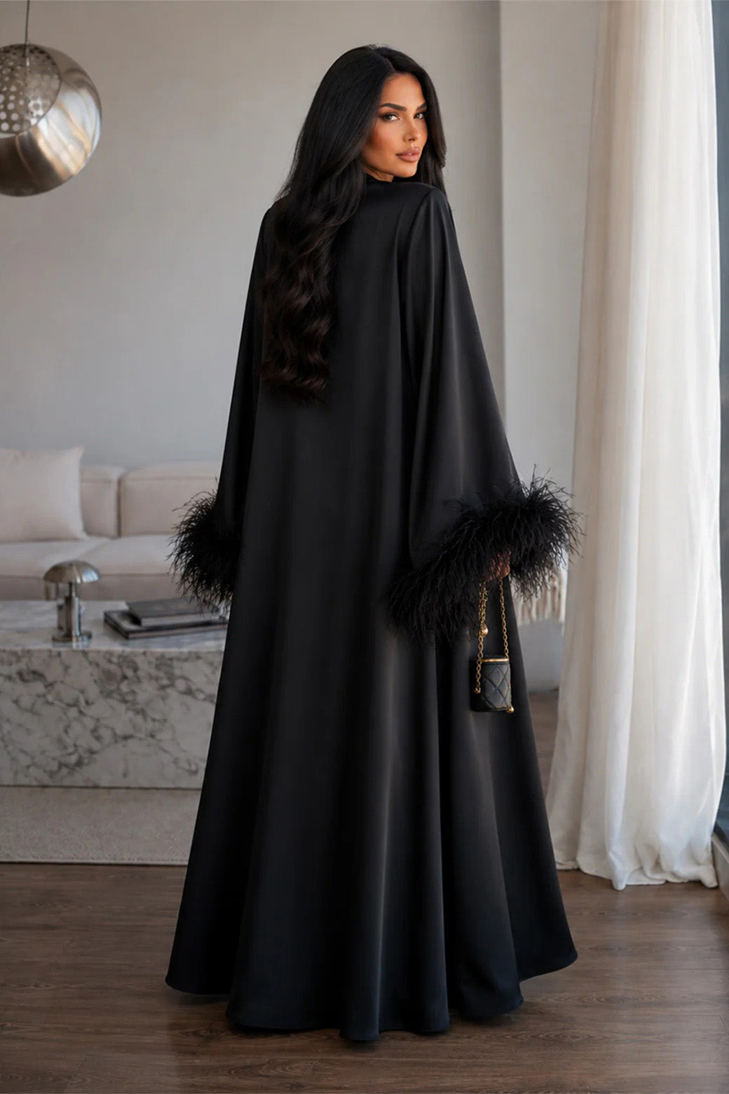 Feather Cuff Draped Collar Loose Maxi Dress