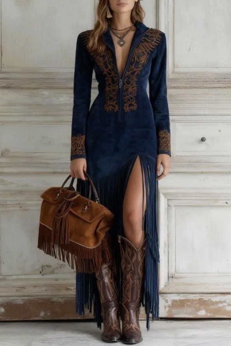 Western Embroidered Faux Suede Fringe Maxi Dress