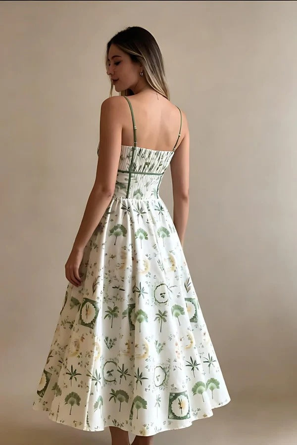 Green Botanical Print Smocked Midi Dress
