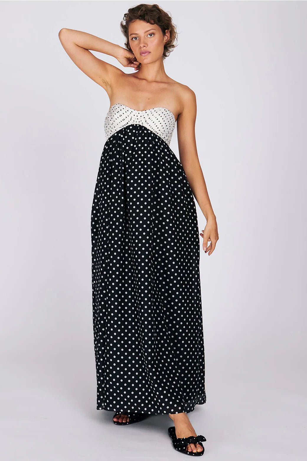 Two-Tone Polka Dot Strapless Maxi Dress