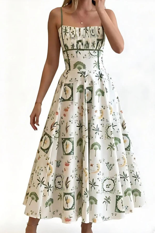Green Botanical Print Smocked Midi Dress