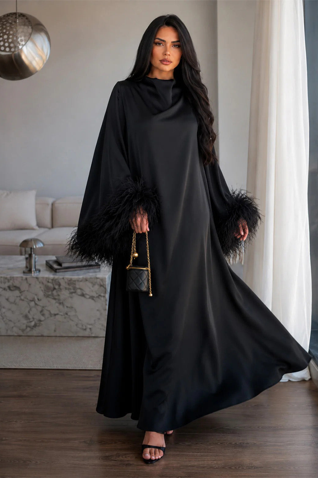 Feather Cuff Draped Collar Loose Maxi Dress