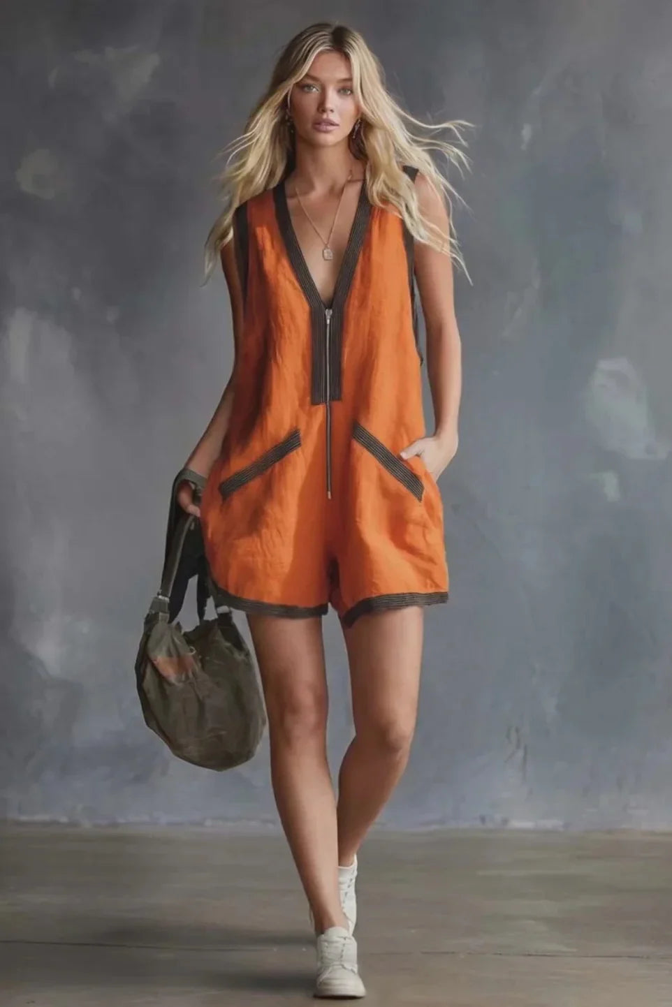 Orange Jumpsuit - V-Neck Striped Trim Romper