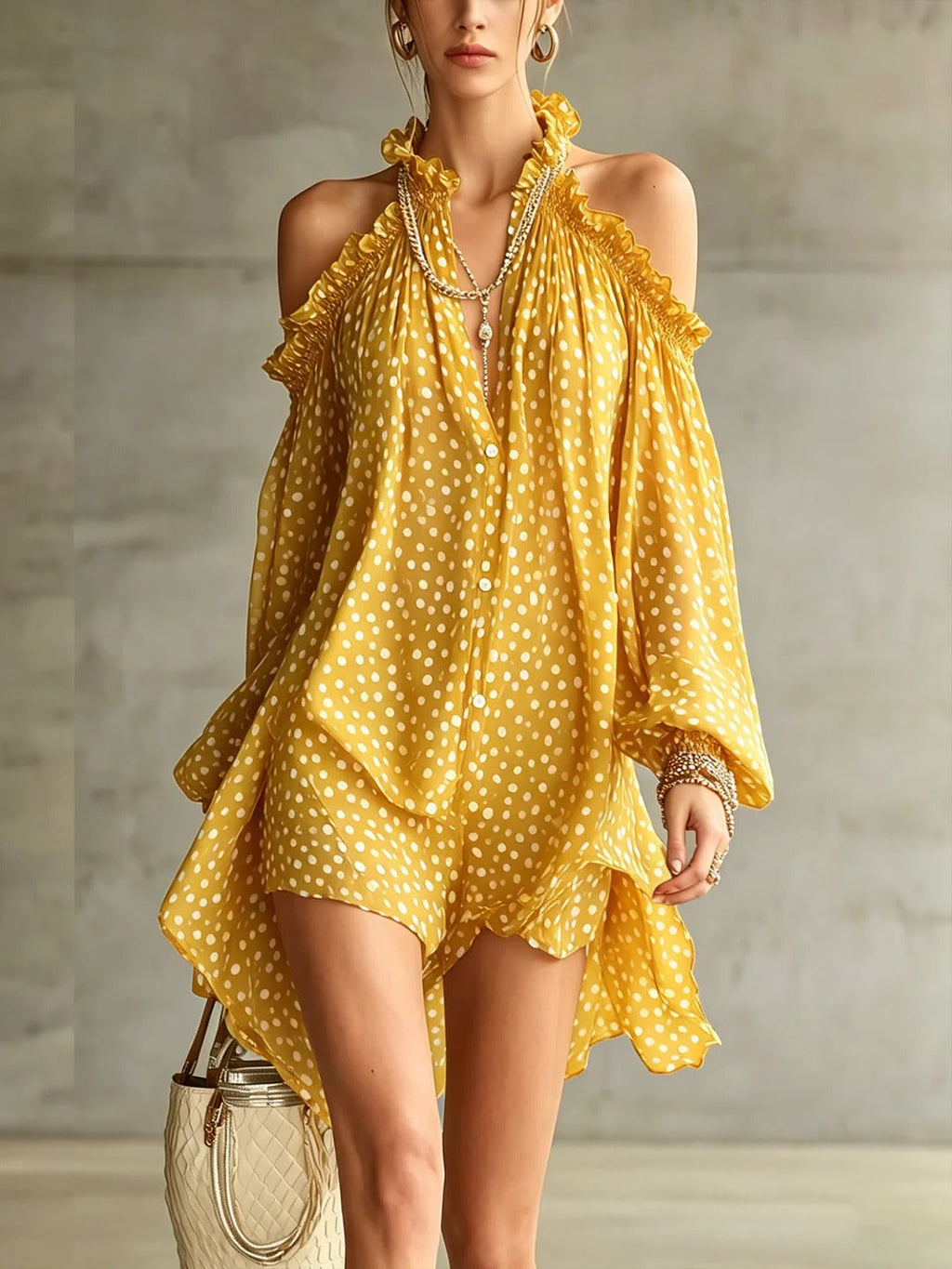 Green Polka Dot Cold Shoulder Mini Dress