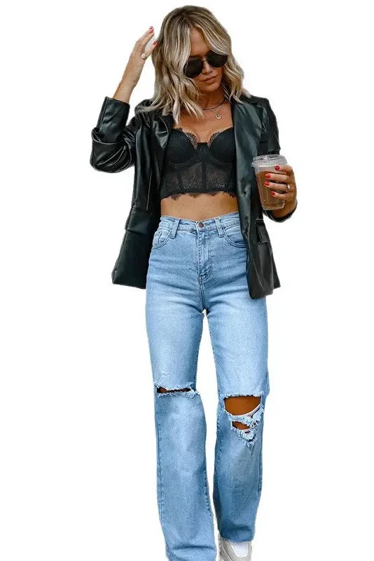 Light Blue Distressed Wide Leg Jeans
