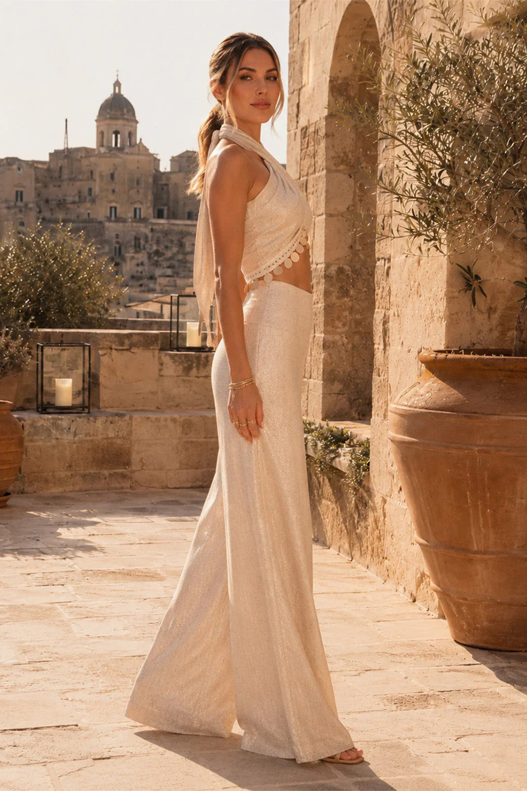 Metallic Disc Halter Wide Leg Pants Set
