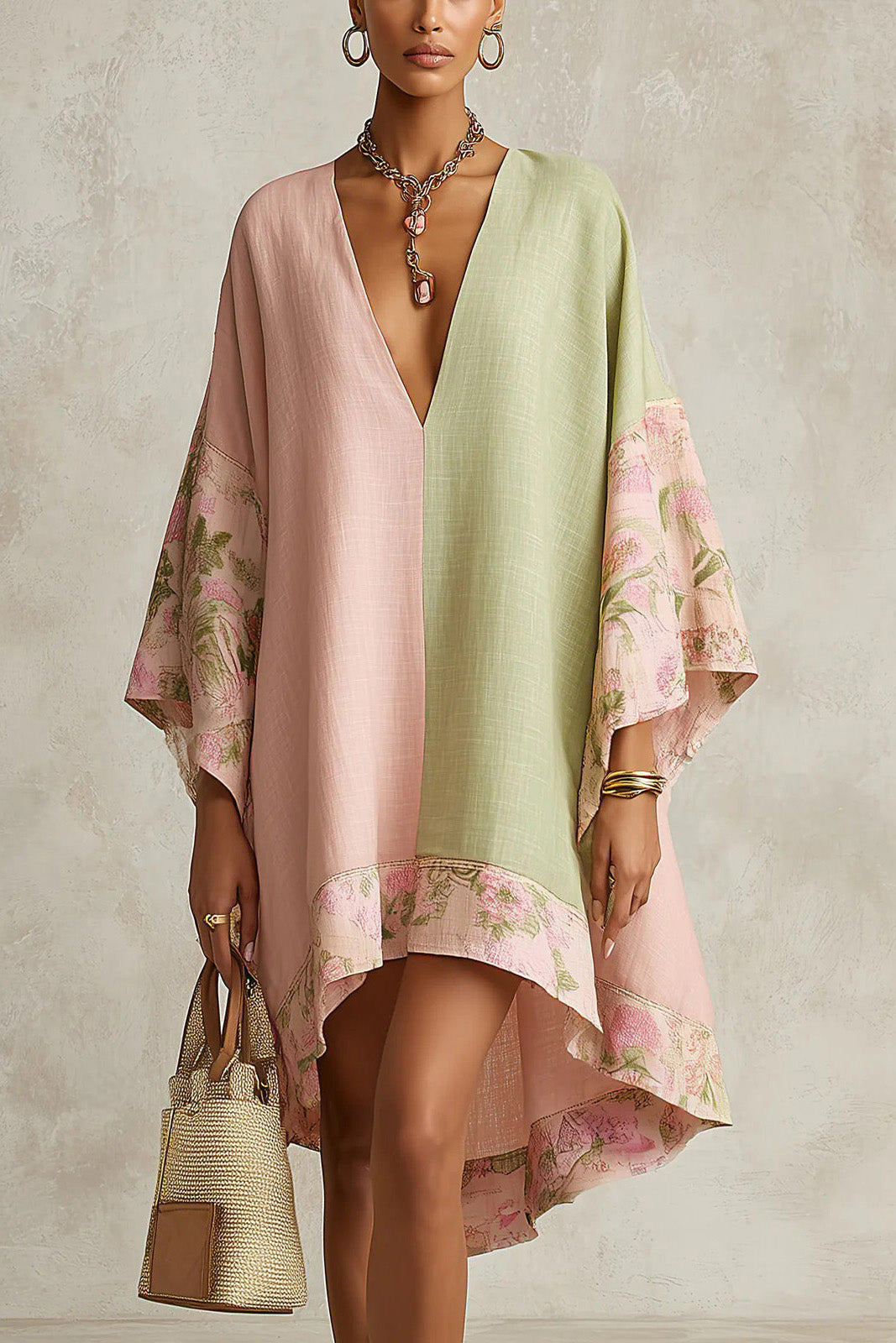 Color Block Floral Print Soft Kaftan Dress