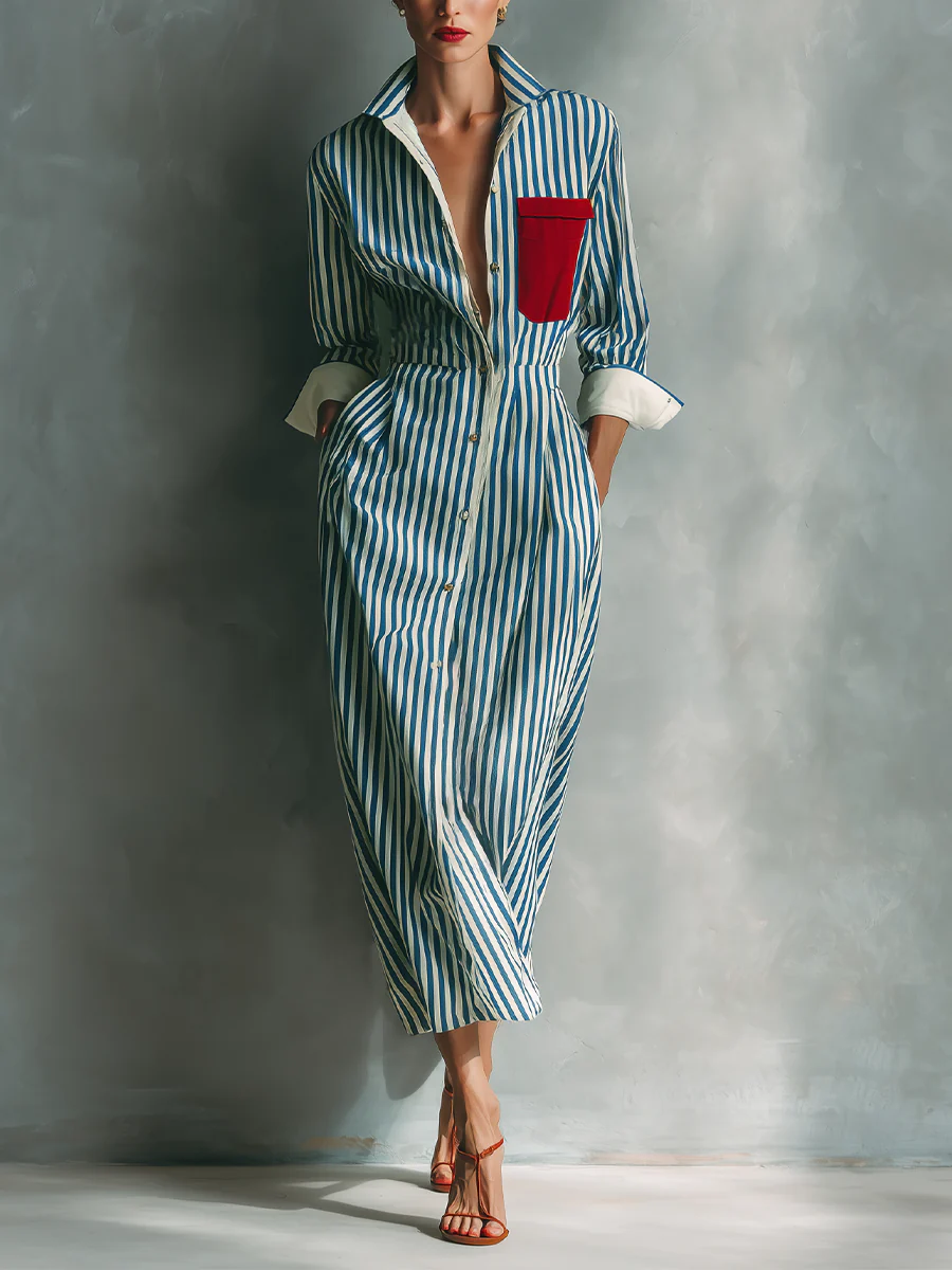 Blue And White Cotton Striped Shirt Dress
