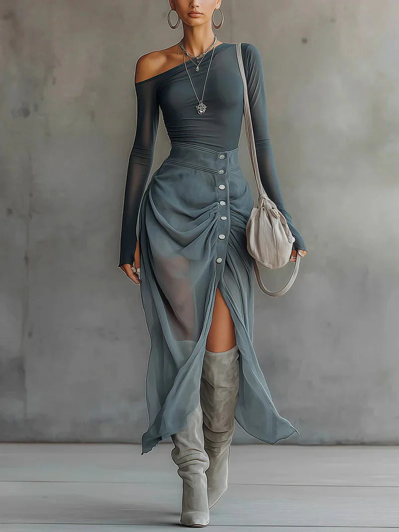 Asymmetrical Sheer Gray Cutout Set