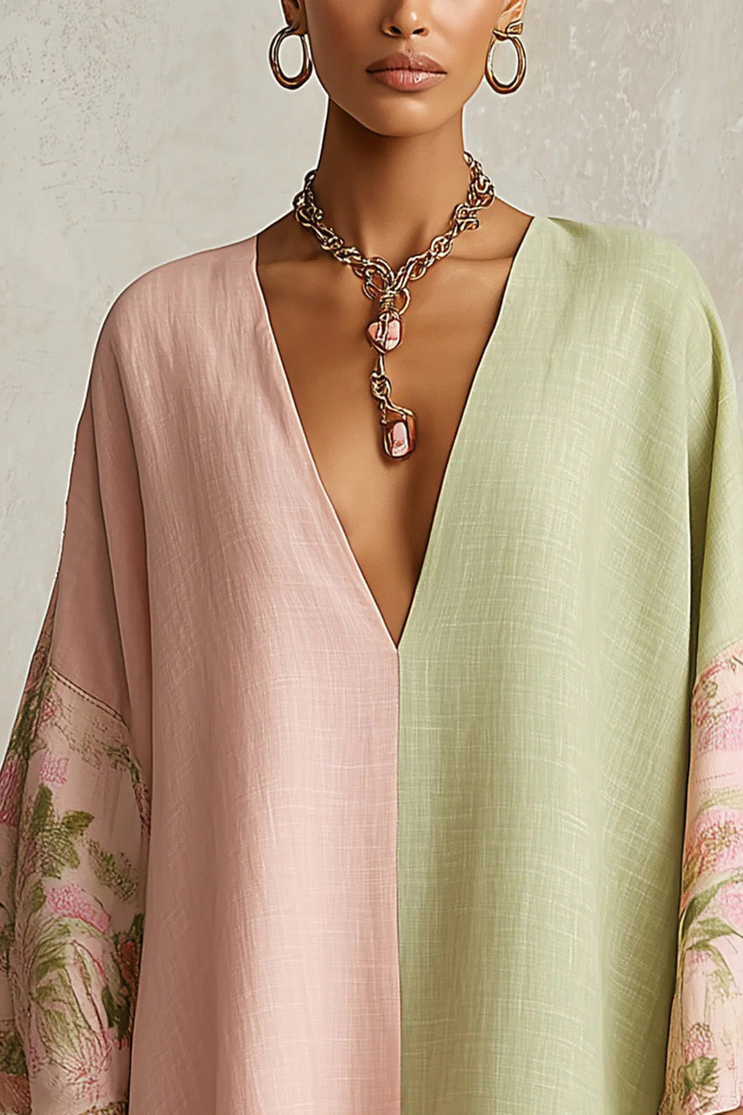 Color Block Floral Print Soft Kaftan Dress