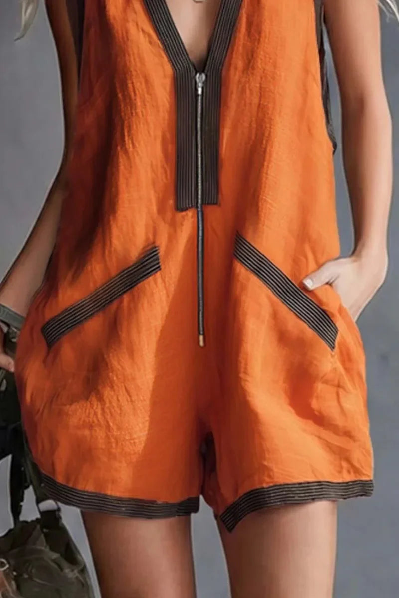 Orange Jumpsuit - V-Neck Striped Trim Romper