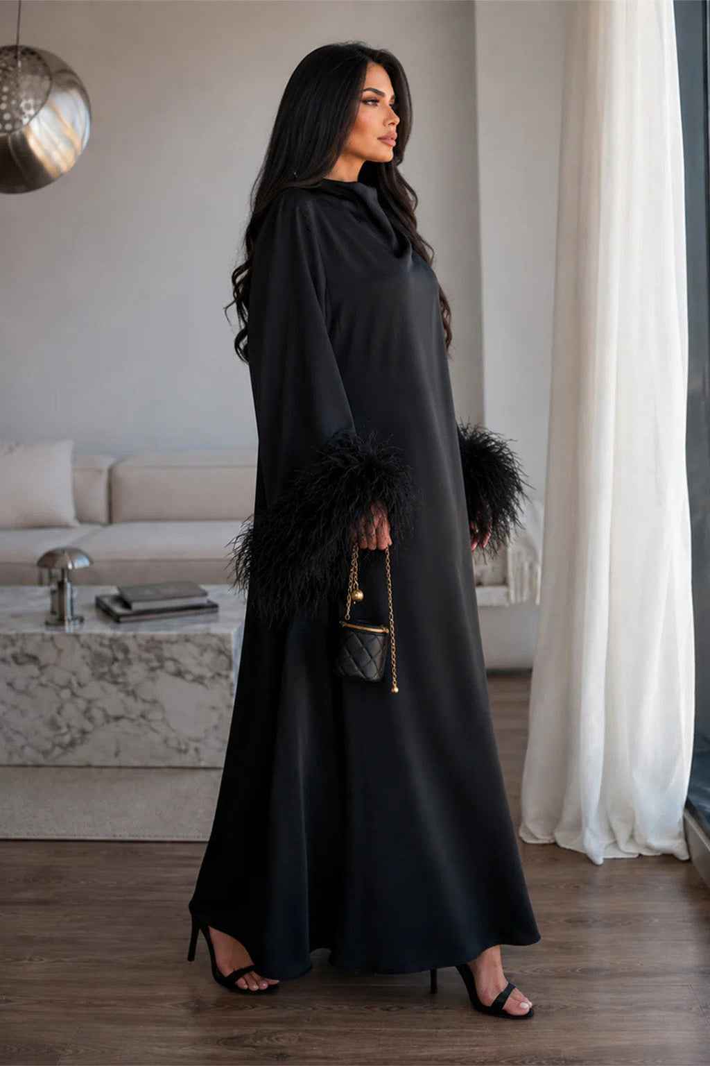 Feather Cuff Draped Collar Loose Maxi Dress