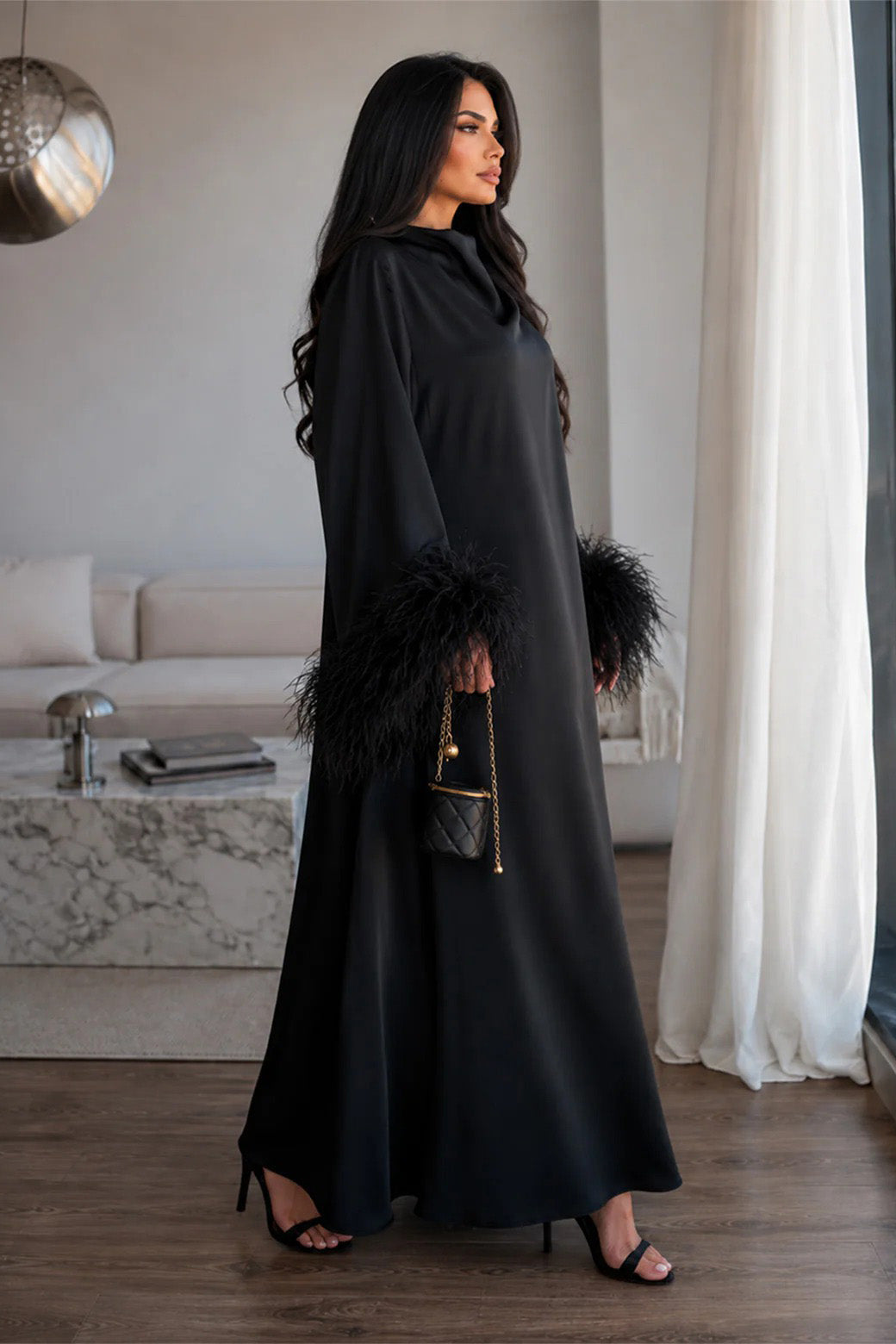 Feather Cuff Draped Collar Loose Maxi Dress
