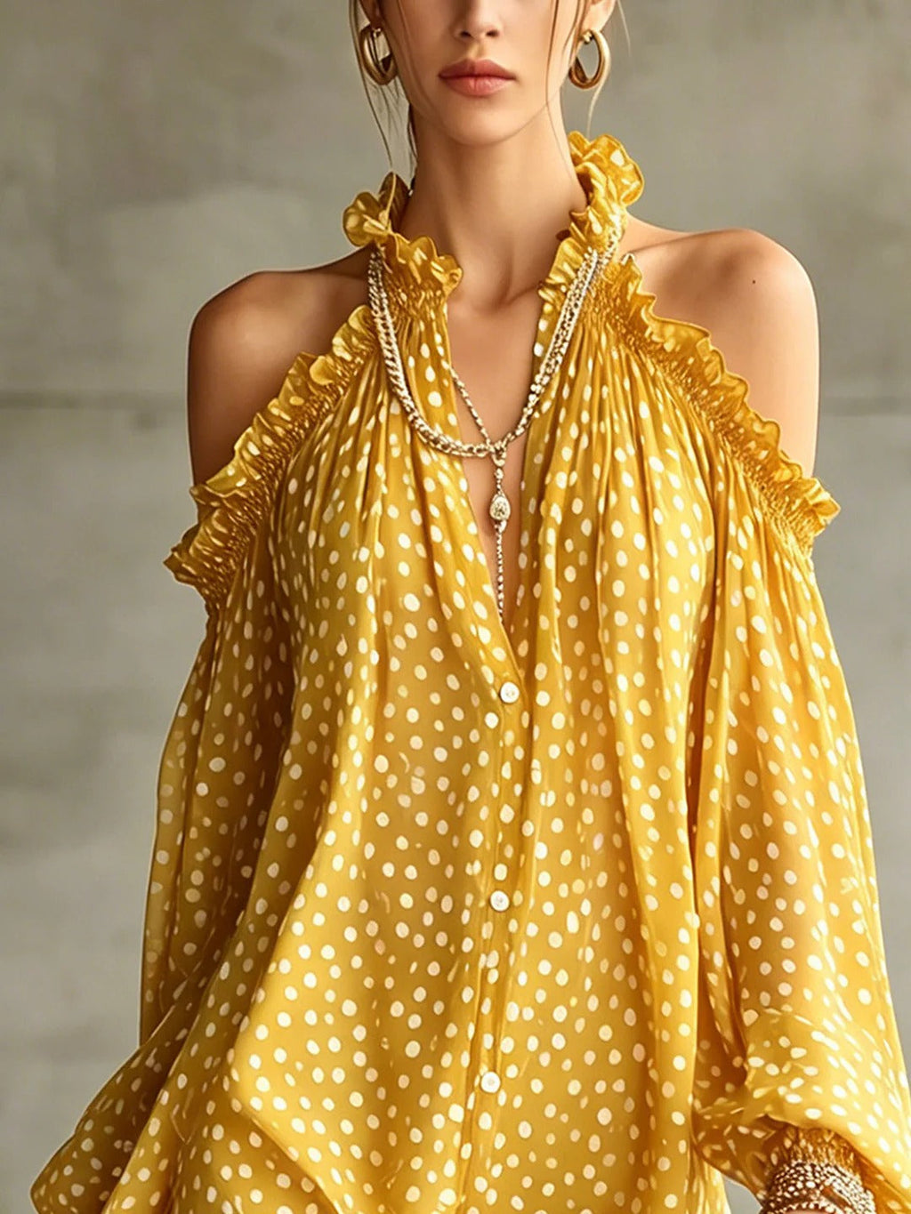 Green Polka Dot Cold Shoulder Mini Dress