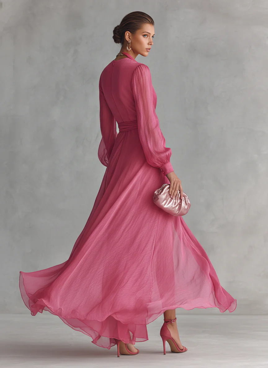 Elegant Pearl Chiffon V-Neck Maxi Dress